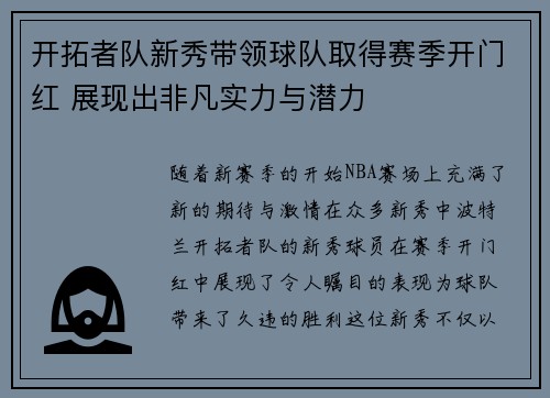 开拓者队新秀带领球队取得赛季开门红 展现出非凡实力与潜力